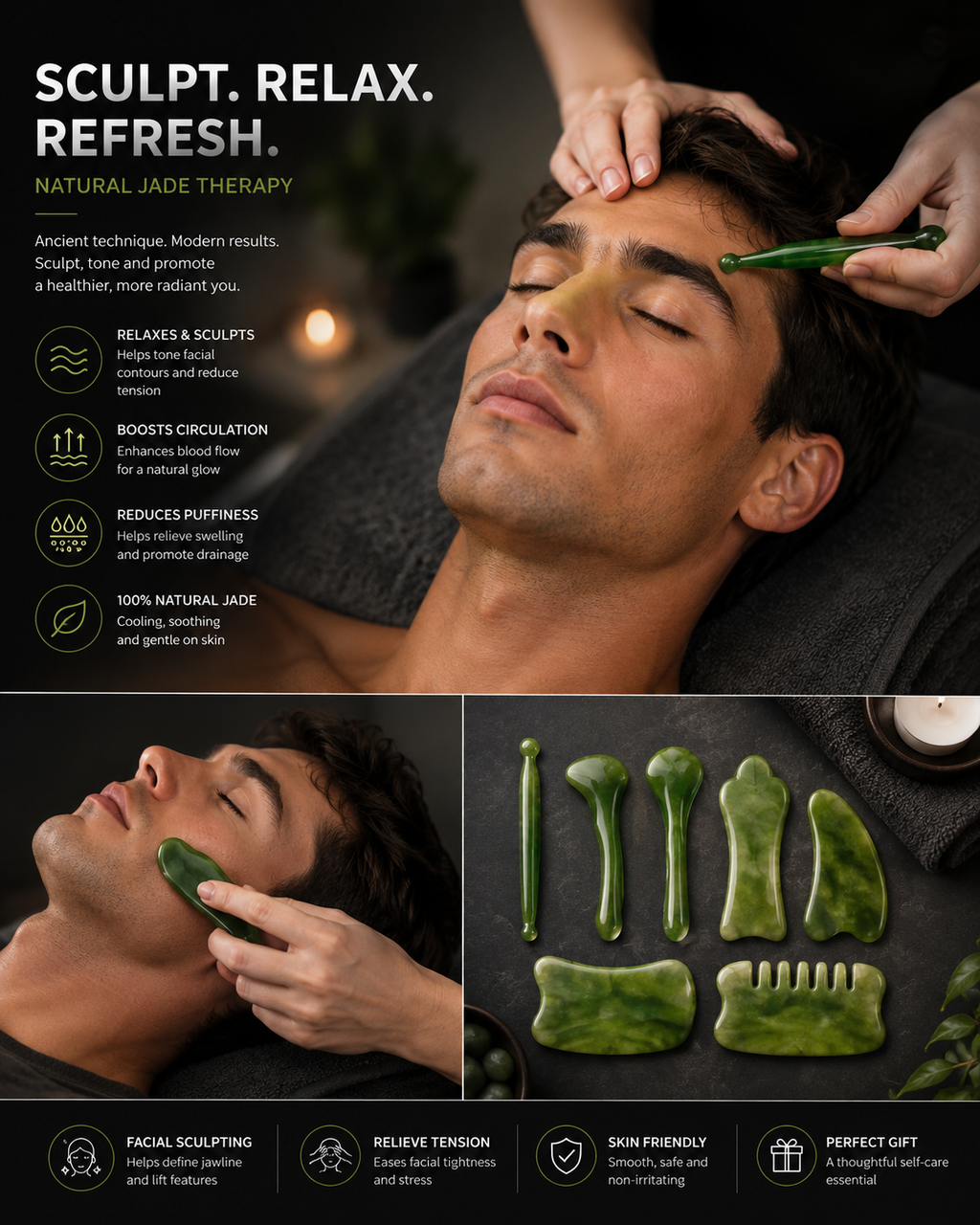 Set de Esculpido Facial Gua Sha | Herramientas de Masaje y Contorno de Resina Natural de 7 Piezas