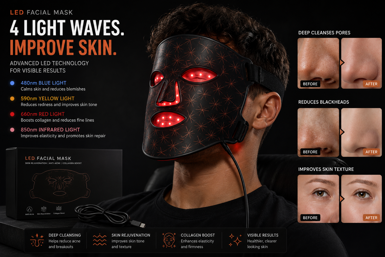 Mascarilla de belleza de silicona de grado alimenticio con fotones LED, equipo de belleza para uso doméstico, máscara facial LED de 7 colores