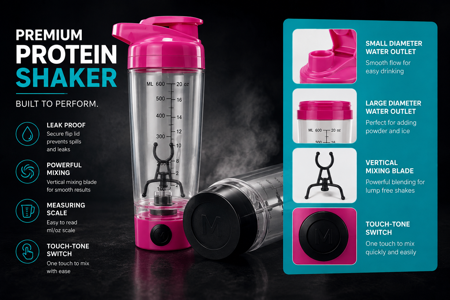 600MLBotella mezcladora portátil para agua con movimiento, tornado de vórtice, PP, sin BPA, accesorios de cocina, vaso mezclador de proteínas eléctrico automático