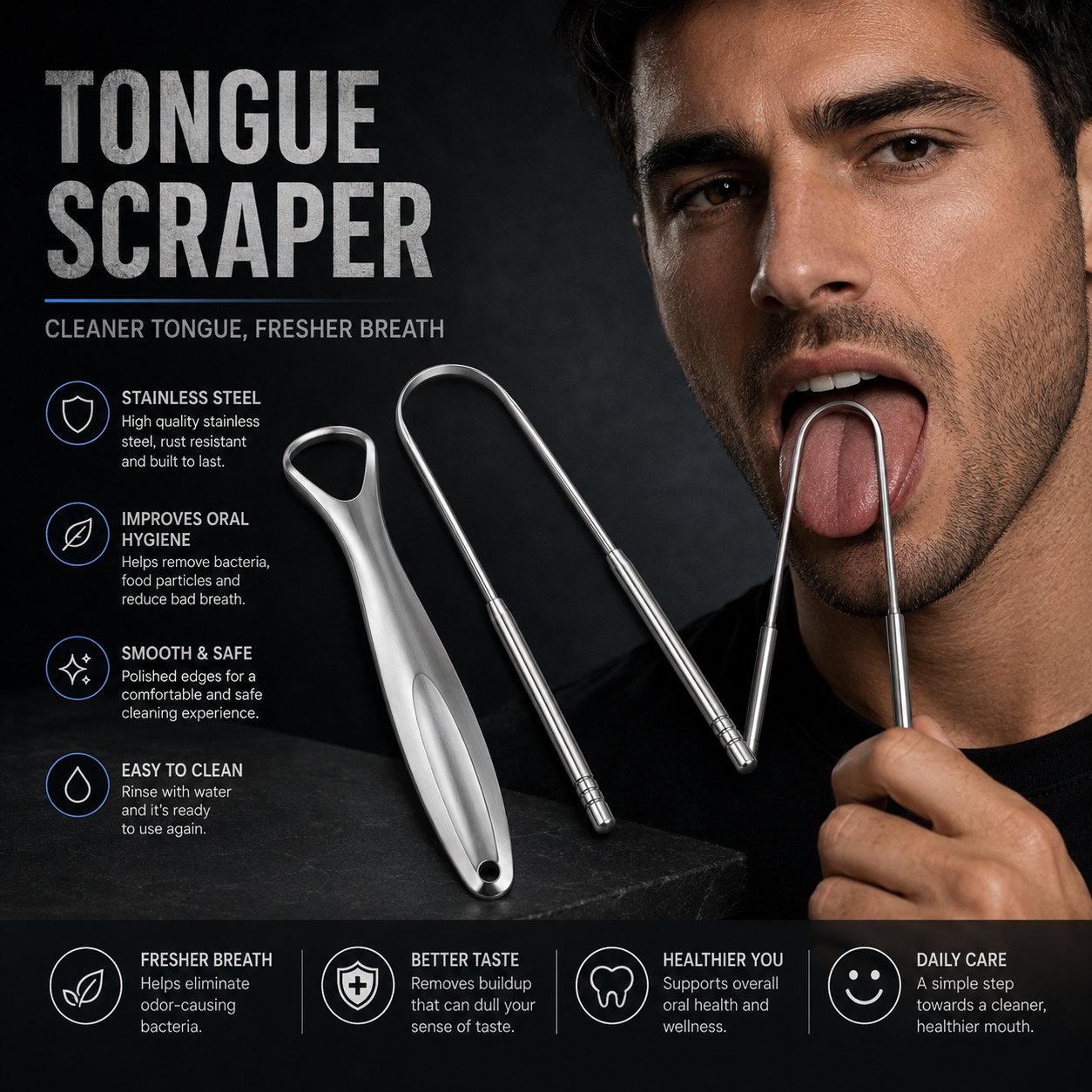 Raspador de lengua de acero inoxidable Limpiador de lengua Cuidado de limpieza bucal para eliminar el mal aliento Cepillo de lengua Raspador de lengua